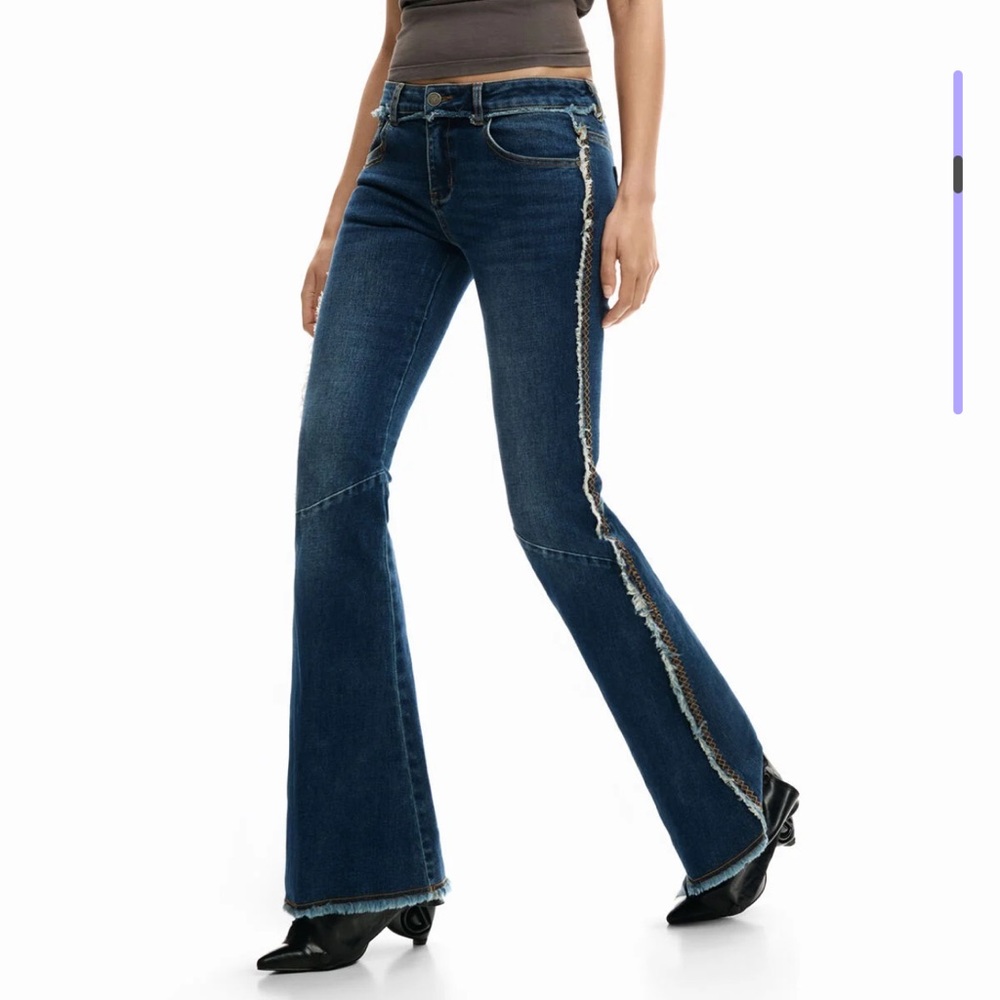 Desigual Dark Blue Flare Jeans with Frayed Side Trim